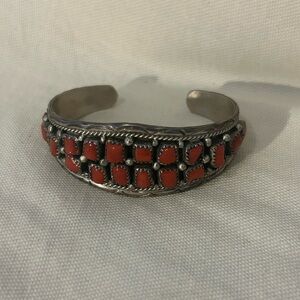 Women’s Red Coral Navajo Sterling Silver Cluster Cuff Bracelet Signed AW